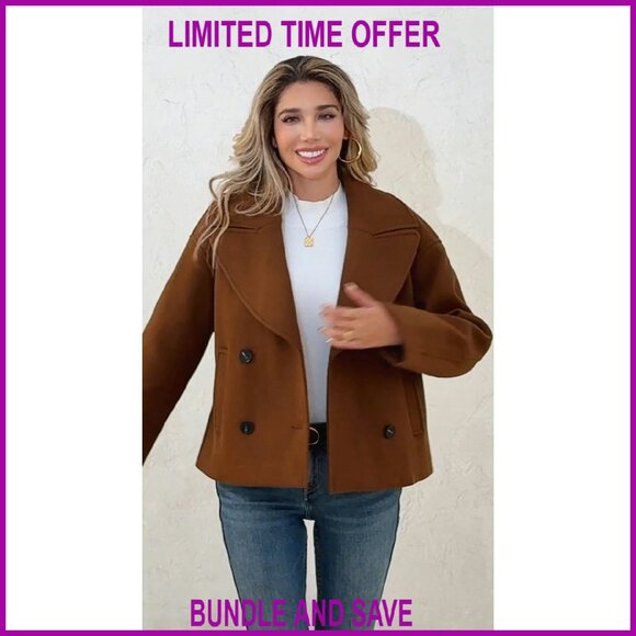 Cropped Wool Blend Pea Coat Double Breasted Notched Lapel Overcoat - Picture 8 of 8